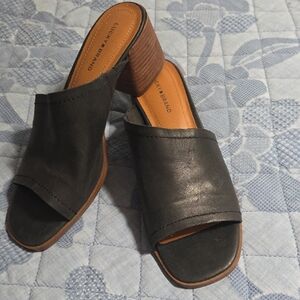Lucky Brand Black Open-Toe Leather Block Heel Mules